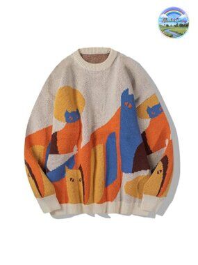 Aelfric Eden Graphic Sweaters Color Blocking Cat Sweater Vintage Oversized